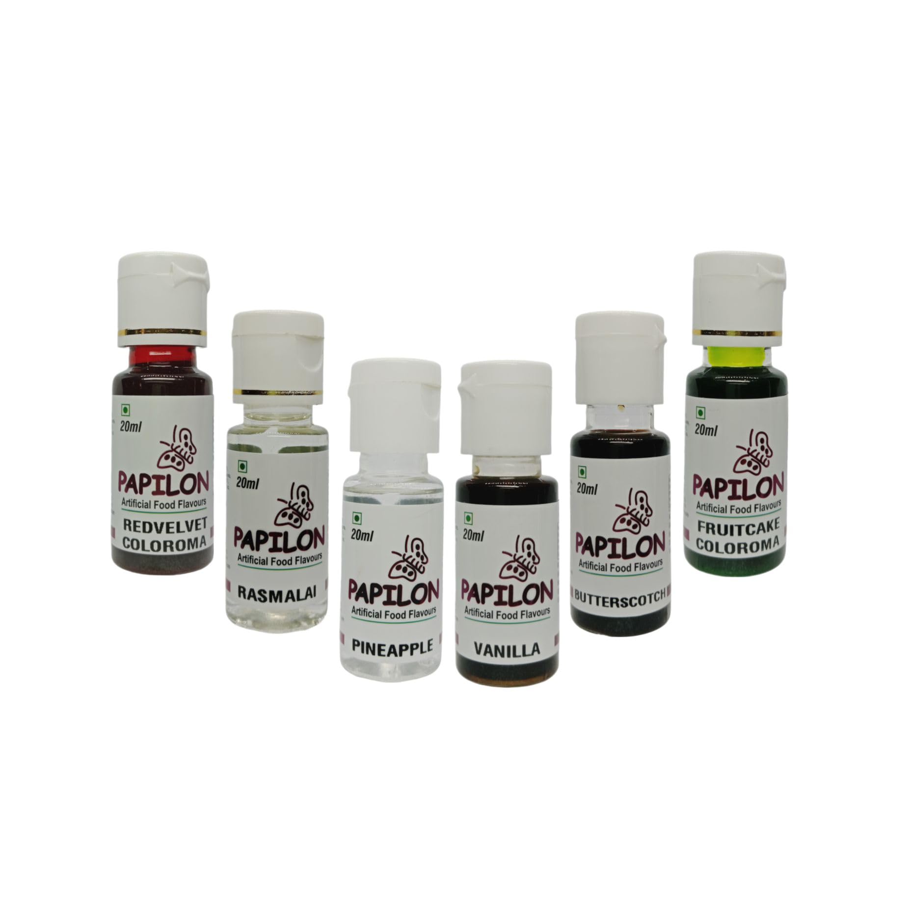 Papilon Culinary Essence Pack, 6 Bottles, 20ml Each, Vanilla, Pineapple, Rasmalai, Red Velvet Coloroma, Fruitcake Coloroma, Butterscotch