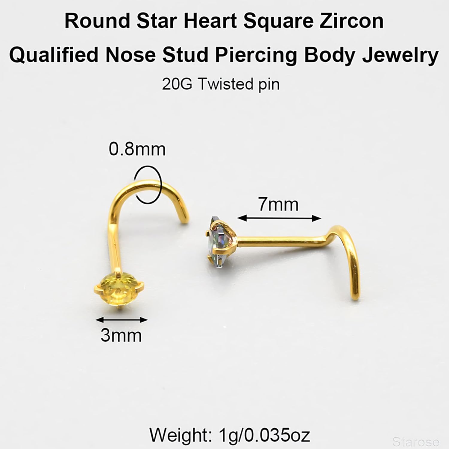 8 Pcs-Pack, Crystal Nose Studs, 20G Stainless Steel, 3mm Zircon, Multiple Shapes Zircon Labret Nose Piercing Ear Jewelry