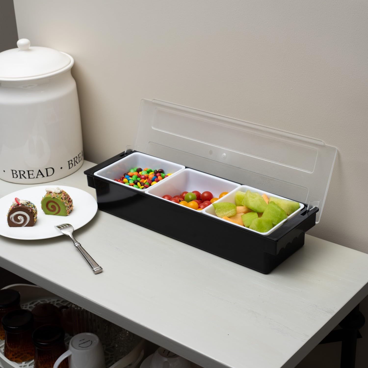 Contenedor para servir condimentos refrigerados por hielo, 3 compartimentos, bandeja de guarnición refrigerada con tapa con bisagras (3 compartimentos)