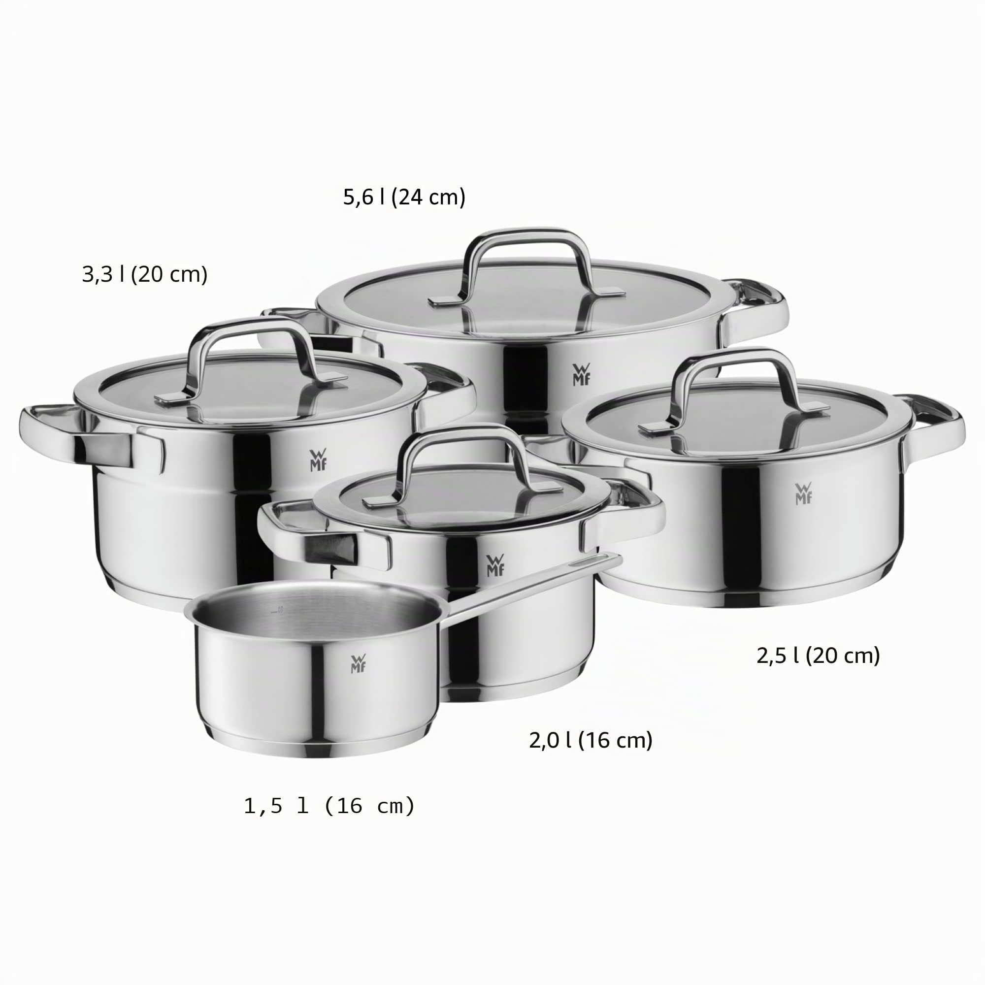WMF Compact Cuisine - Set di pentole a induzione, 5 pezzi, con coperchio in vetro, in acciaio inox Cromargan lucidato, non rivestito, scala interna