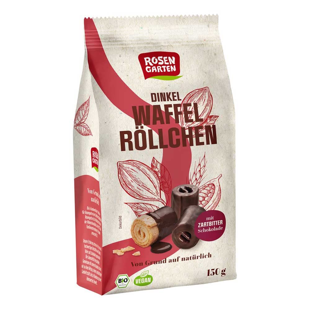 Rosengarten Dinkel Waffelröllchen, Zartbitter, 150g (12)