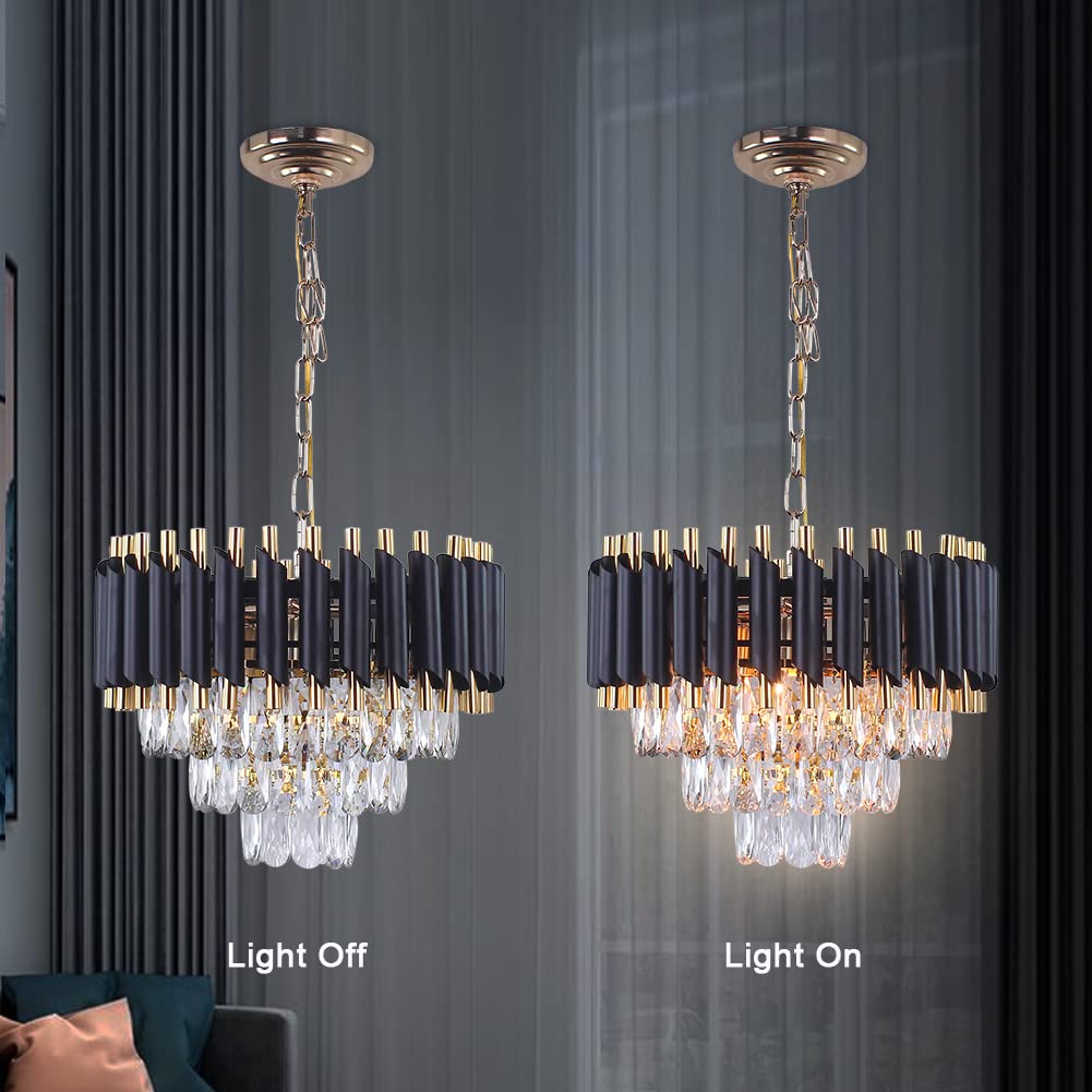 FRIXCHUR Czarno-złoty kryształowy żyrandol, lampa sufitowa, 3-poziomowa, podtynkowa, lampa sufitowa do sypialni, salonu, jadalni, przedpokoju, E14 x 5 (żarówki nie są dołączone)
