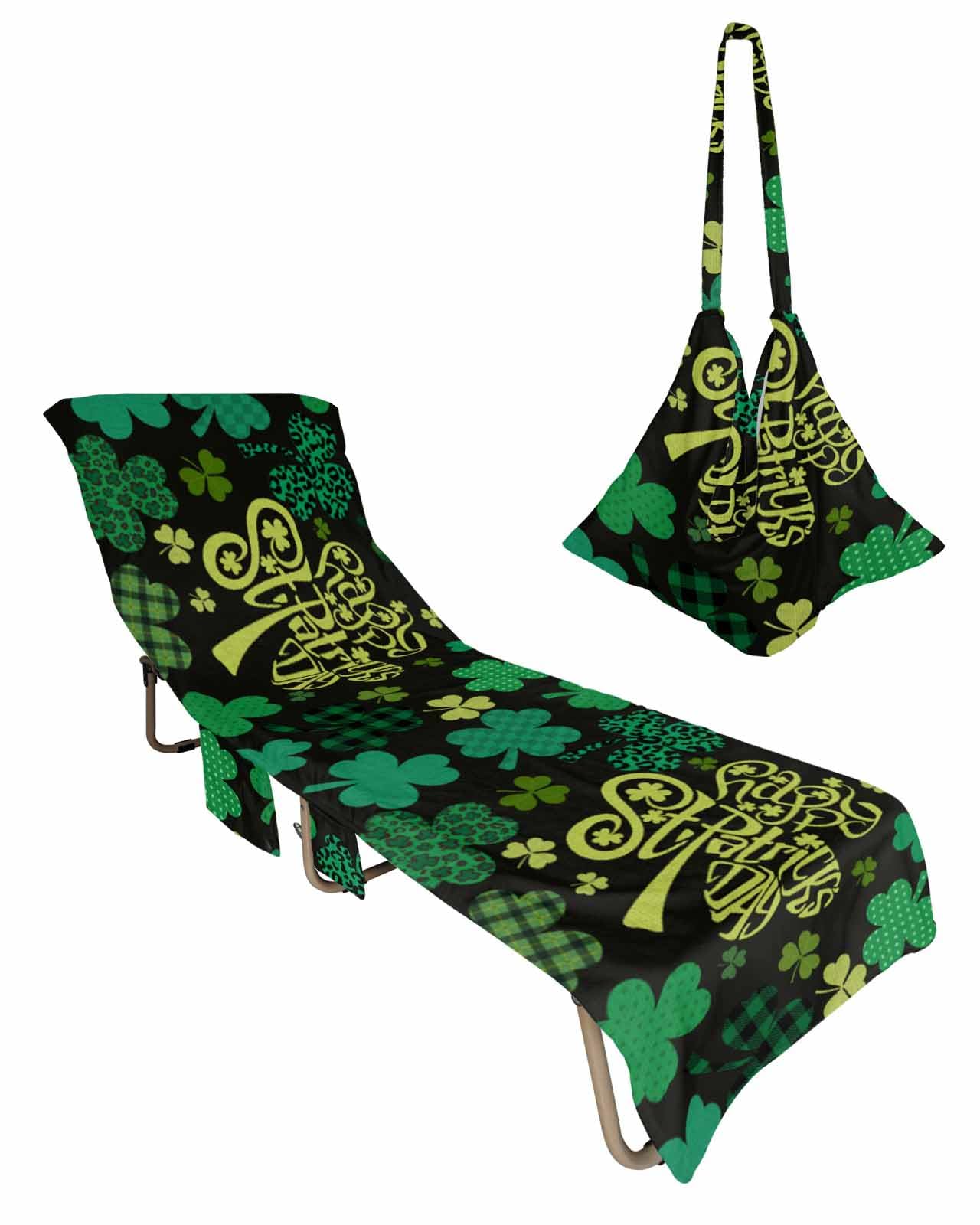 St. Patrick's Day Beach Chair Towel Covers for Chaise Lounge with Side Pocket, Soft Plush Pool Towels Cover for Patio Sunbathing Outdoor 29''x85'' Green Plaid Dot Plant Leopard Print