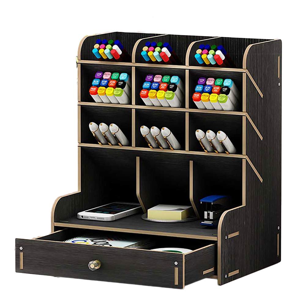 Pen Holder Storage Rack Wooden Pen Holder Multi-Functional Desktop Organizer for Stationery Storage Box Pencil Pot Holder - Large Capacity(Black-A)