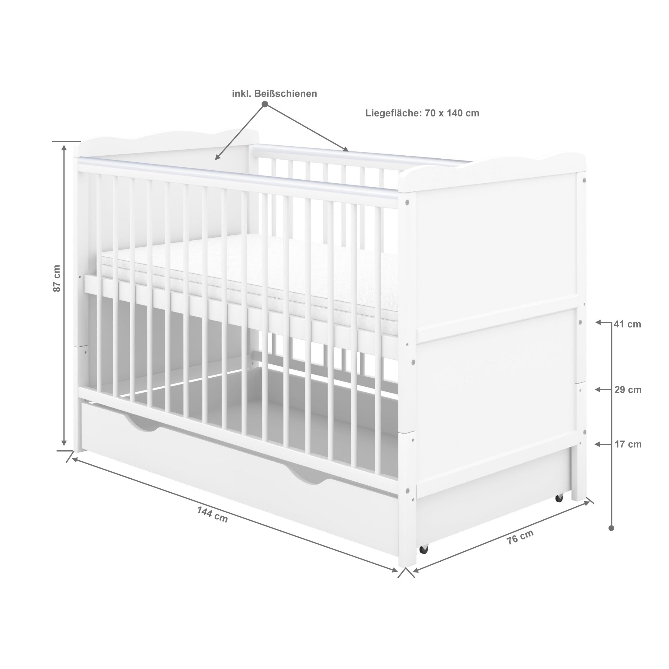 Babybett Kinderbett Juniorbett Jack 70x140 Weiß umbaubar mit Schublade Matratze und Beißschienen
