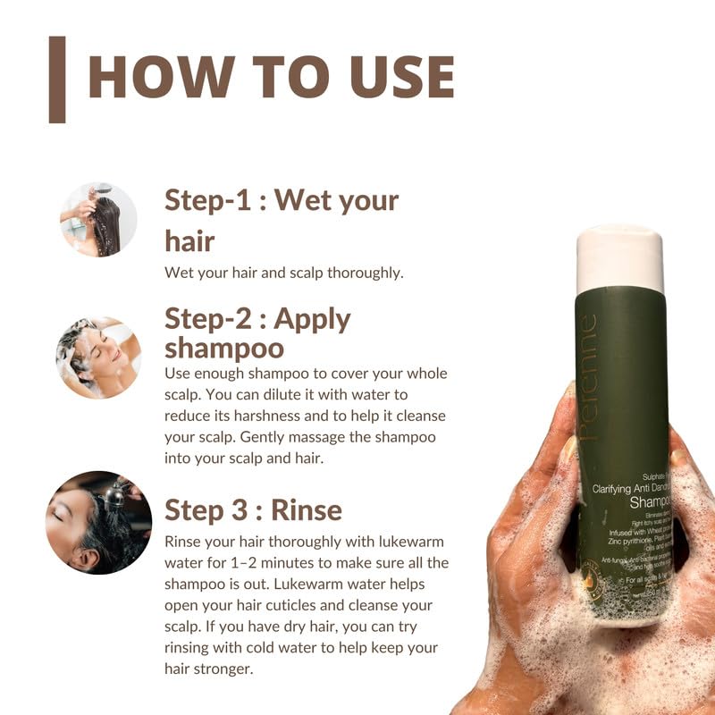 Image of Perenne Sulphate-Free Clarifying Shampoo |Anti Dandruff Shampoo | Reduces Up to 100% Dandruff and Strengthens Hair | Dermatologist Tested | For Women And Men | 250ml