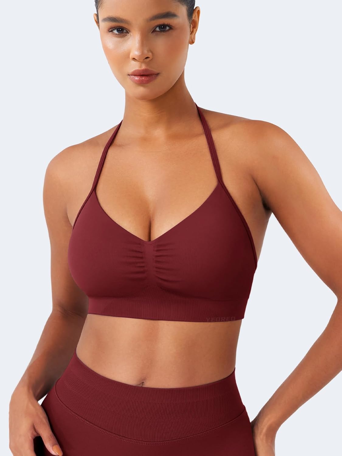 YEOREO SoftHue Women Halter Sports Bra Impact Longline Strappy Bra V Neck Padded Open Back Workout Gym Crop Top - Image 3