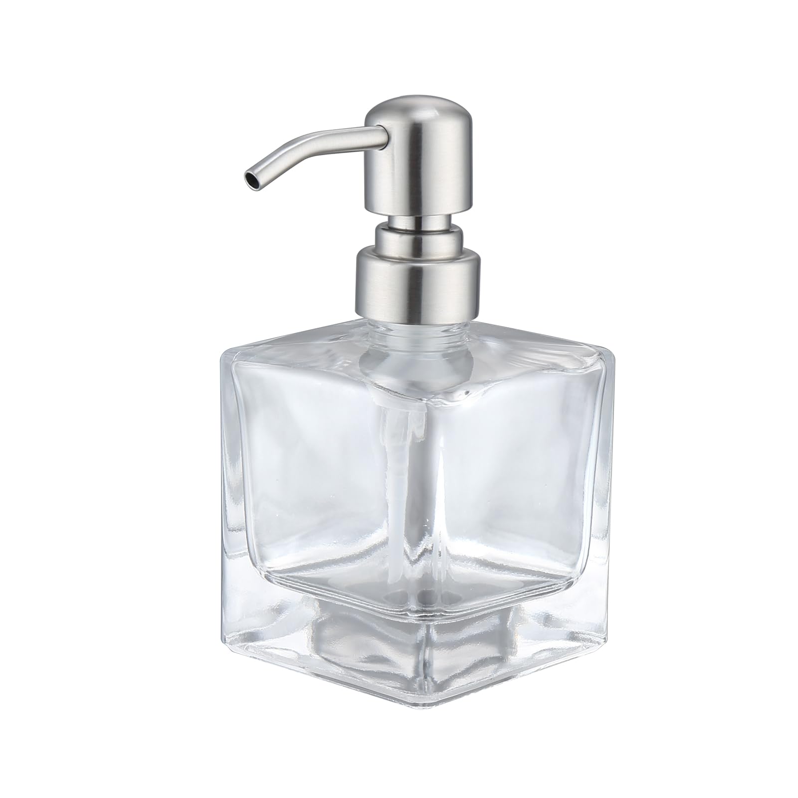 Square Bathroom Soap Dispenser Brushed Nickel, Glass Bottles with Stainless Steel Pump Cube Liquid Soap Dispenser Hand Kitchen