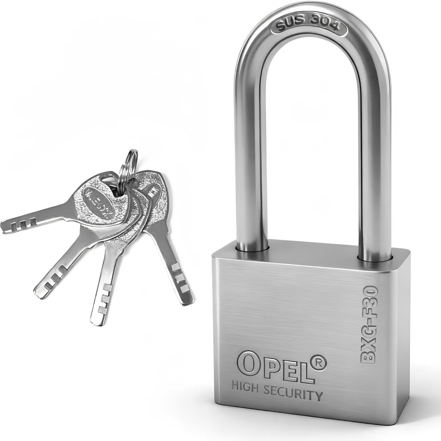 Nayezh Silver 304 Stainless Steel Long Shackle Padlock With 4 Keys, Heavy Duty Waterproof Anti-Rust Weatherproof Lock For Gate, Shed, Garage, Fence, Marine & Indoor Use (30Mm)