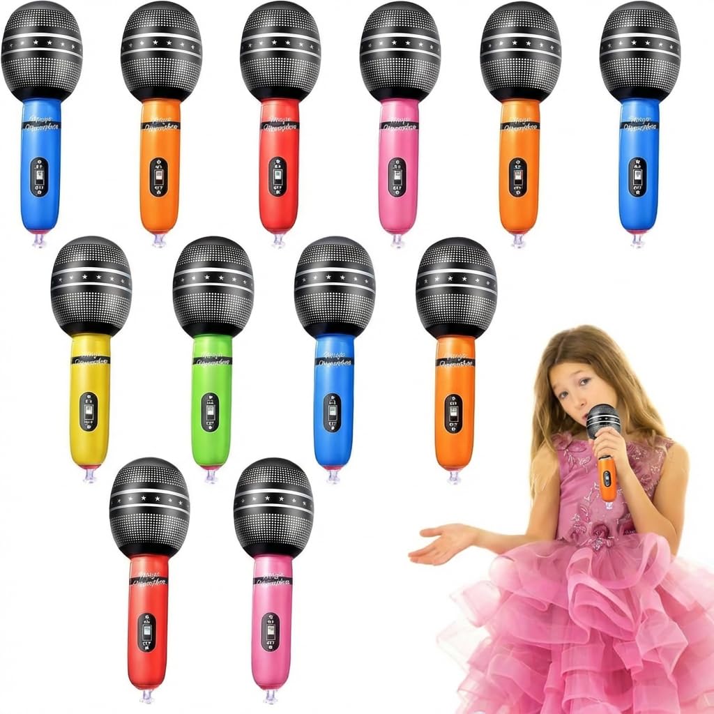 ZhongShuang 12 Pcs Inflatable Blow Up Microphone, Inflatable Party Accessories,Rock Star Pop Star Props,Pretend Play Microphone Props,Musical Instrument Party Supplies Gifts (Random Color)