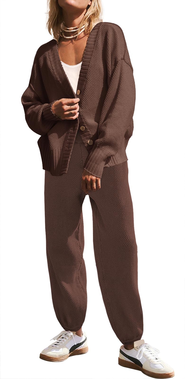 SAUKOLEWomens Two Piece Outfits Knit Sweater Sets Oversized Button Down Cardigan and Long Pants Matching Lounge Set