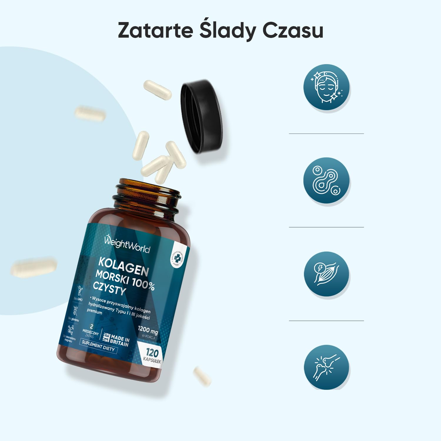 Hydrolizowany kolagen morski 100% czysty 1200 mg – 120 miękkich kapsułek z peptydami kolagenu morskiego hydrolizowanego typu I i III – zapas na 2 miesiące, bez glutenu, laktozy i GMO