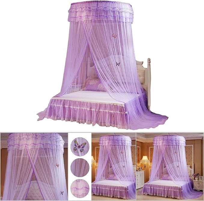Large Bed Canopy, Breathable Mosquito Net, Foldable Bed Curtain, Round Lace Dome Netting with Hanging for Children Kids (purple)