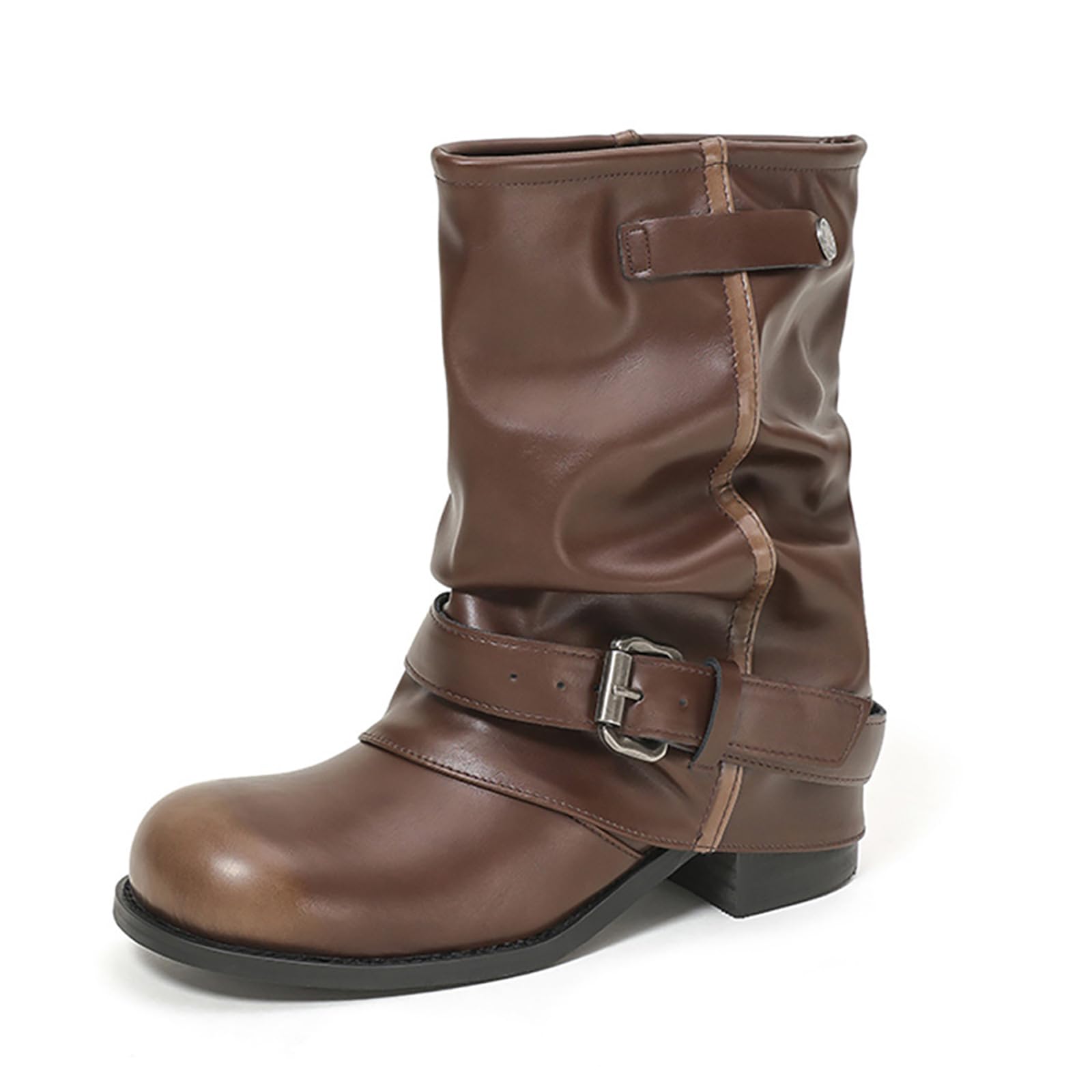 Womens Leather Chunky Heel Mid Calf Boots Classic Buckle Round Toe Pull On Stacked Pleated Western Motorcycle Riding