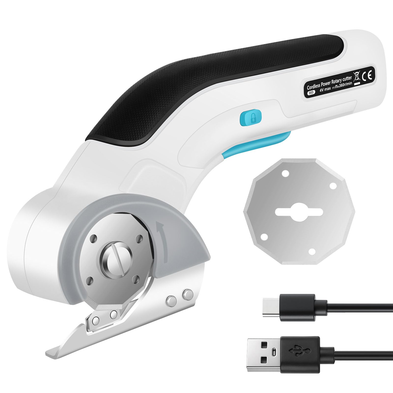PASUKTER Cordless Electric Scissors,3.6V USB Type-C Rechargeable Electric Fabric Scissors, 320 Cuts/Min, Portable Cordless Power Rotary Cutter for Cloth, Cardboard, Carpet, and Leather