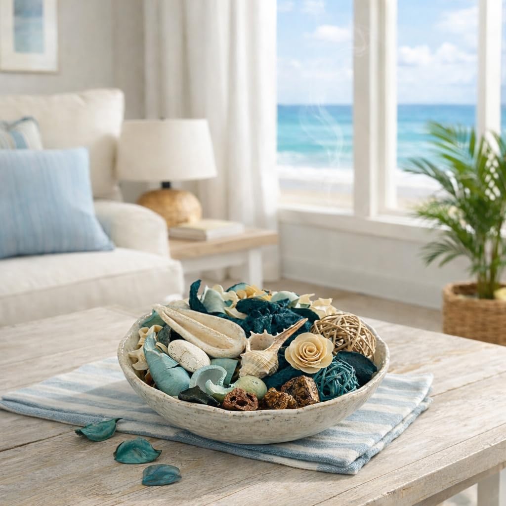 Potpourri Bag Ocean Breeze Duft, groß, dekorativer Schüsselfüller, blau, getrocknet, botanische Mischung mit Küstenmuschel, natürlicher Pod, Deko-Kugel, Raumduft, Vase und Tafelaufsatz