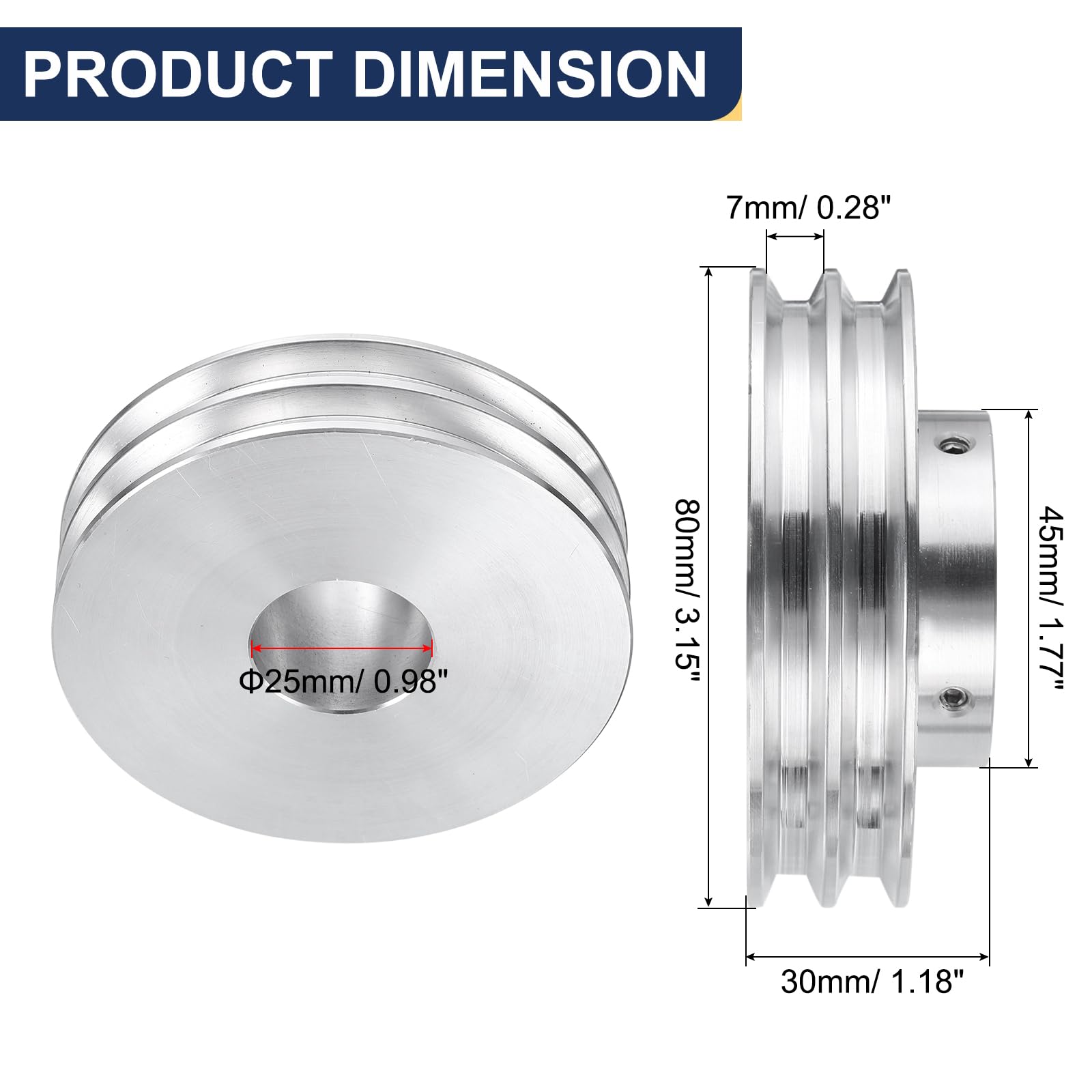 QUARKZMAN V-Typ Riemenscheibe 25mm Bohrung 80mm Außendurchmesser Doppelrillen Aluminiumlegierung Keilriemenscheibe für Motorwellen-Bohrmaschine 6mm(1/4") PU-Formgürtel