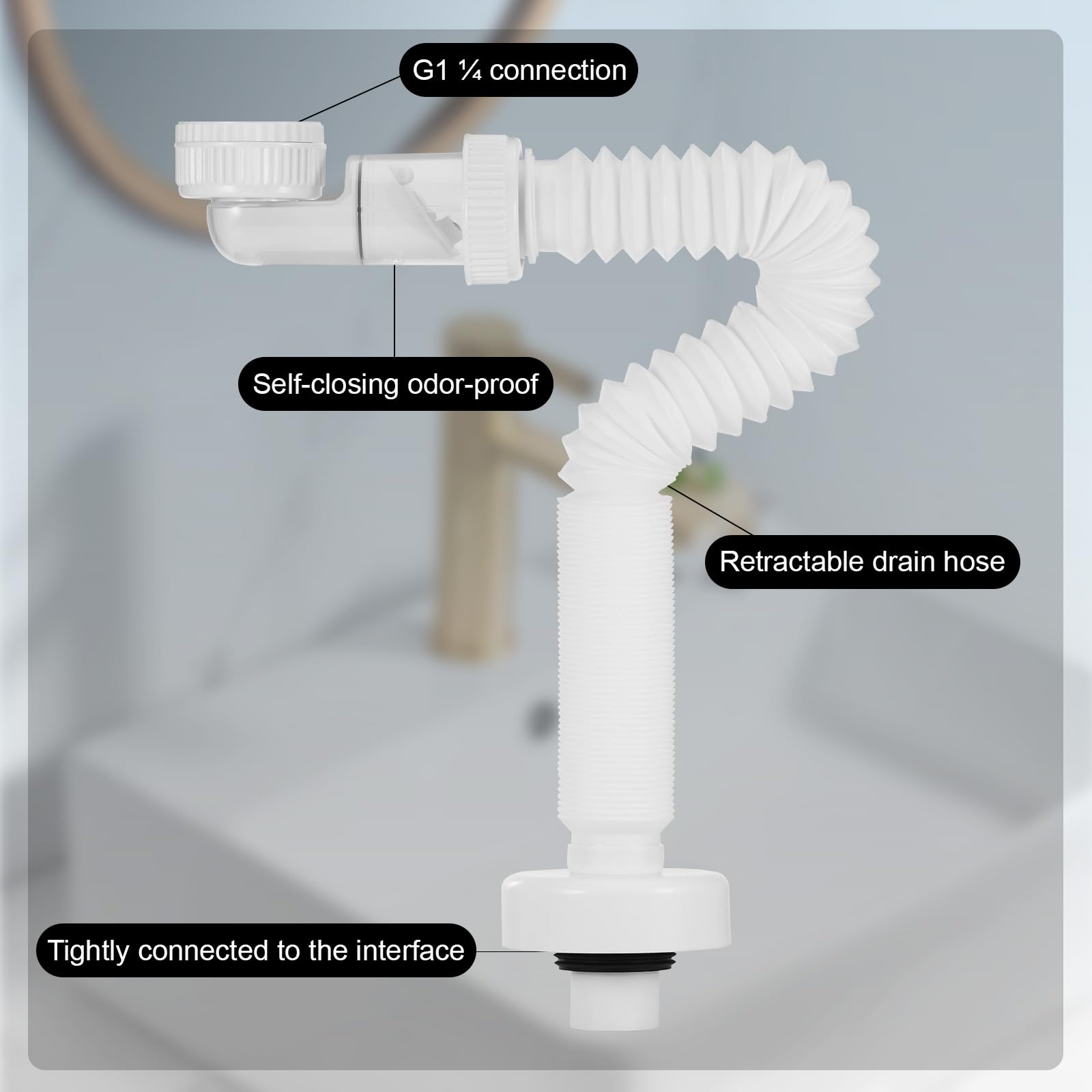 Starvortex Sifone Lavabo Bagno Flessibile, 1 1/4" Sifone Lavello Salvaspazio, Scarico Lavabo Sostituibile, Antiodore Sifone, Tubo Scarico Lavandino Estensibile 320-780mm per Bidet Cucina Bagno, Bianco