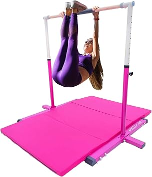 Gymnastics Bar Kip Bar for Kids with 6x4 Tumble Gymnastics Mat Set, Adjustable Height 3 to 5 FT Horizontal Bar Professional Junior Gymnast Gymnastic Bar, Expandable Asymmetric Bar Pink