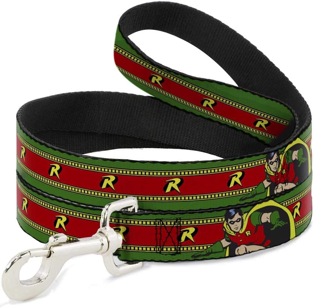 DC Comics Pet Leash, Dog Leash, Robin Action Pose Logo Stripe Green Yellow Red Black, 4 Feet Long 1.5 Inch Wide