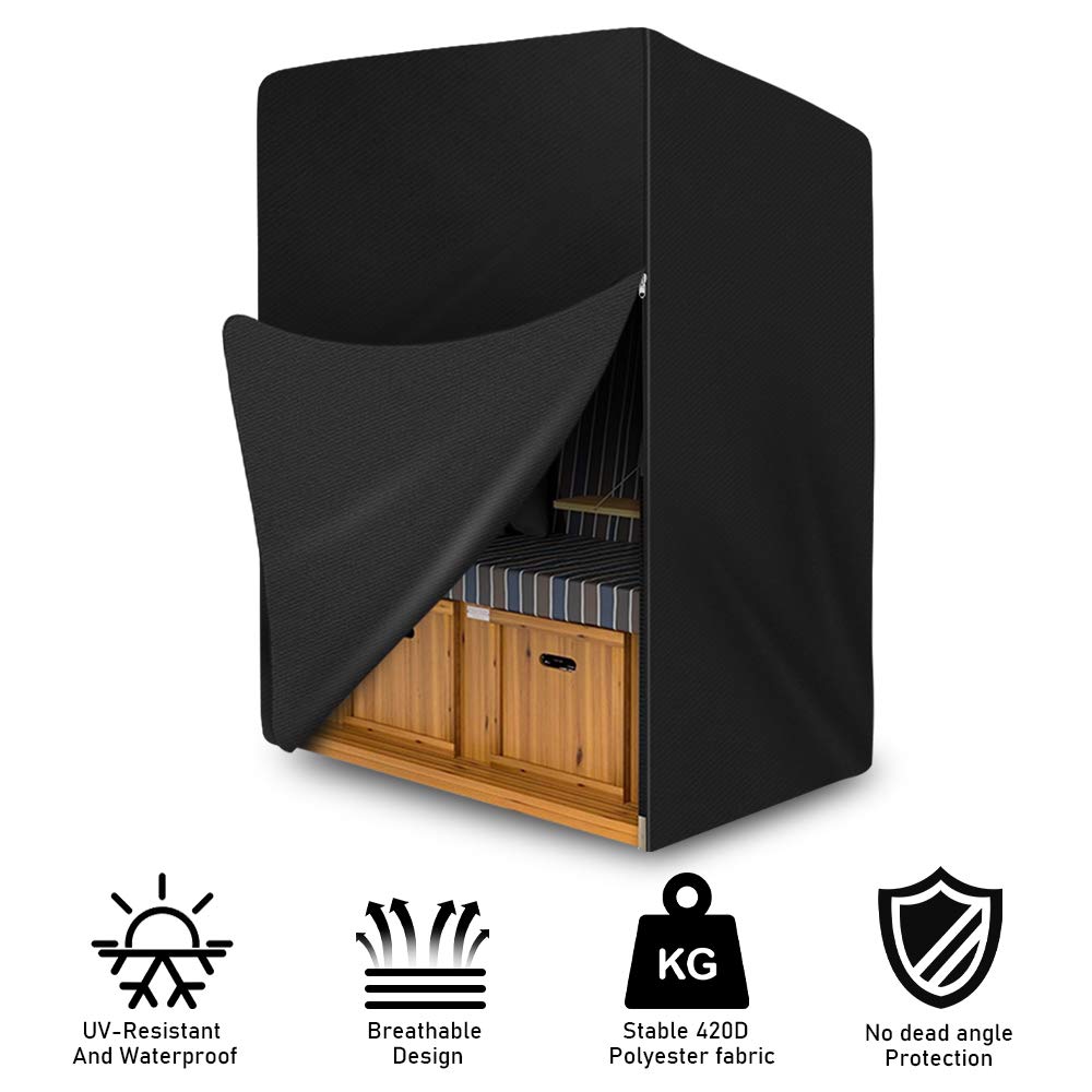 Funda Protectora para Sillón de Playa, Cubierta Sillón de Playa de 420D Oxford, Funda Impermeable Cubierta para Silla de Playa de Mimbre, Protección UV Transpirable - 135 x 105 x 175/140 cm (Negro)