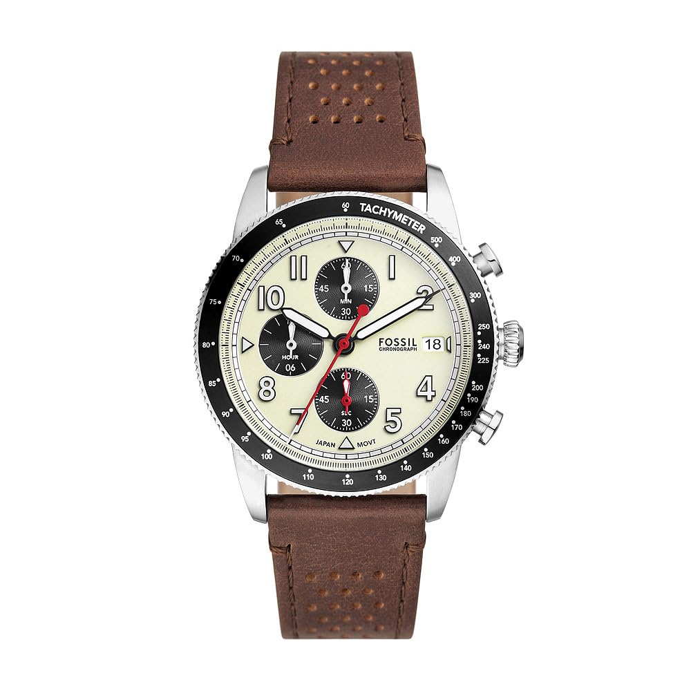 Fossil Men's Cream Sport Tourer Chronograph Brown Leather Strap Dial Quartz Fs6042 Watch