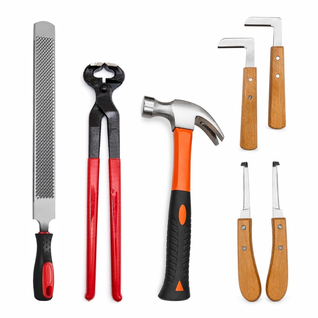 Professional Horse Hoof Care Tool Kit – Combo Pack of 4 | Horseshoe Nipper, Hoof Knife, Horseshoe File & Claw Hammer | Farrier & Equine Care Tools-image-1