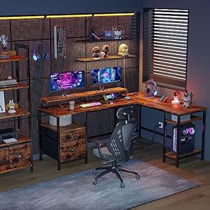 Furologee 66” L Shaped Desk with Power Outlet, Reversible Computer Gaming Desk with File Drawer & 2 Monitor Stands for Home Office with Storage Shelves, Rustic Brown Furologee 66 L Shaped Desk with Power Outlet Reversible Computer Gaming Desk with File Drawer 2 Monitor Stands for Home Office with Storage Shelves Rustic Brown