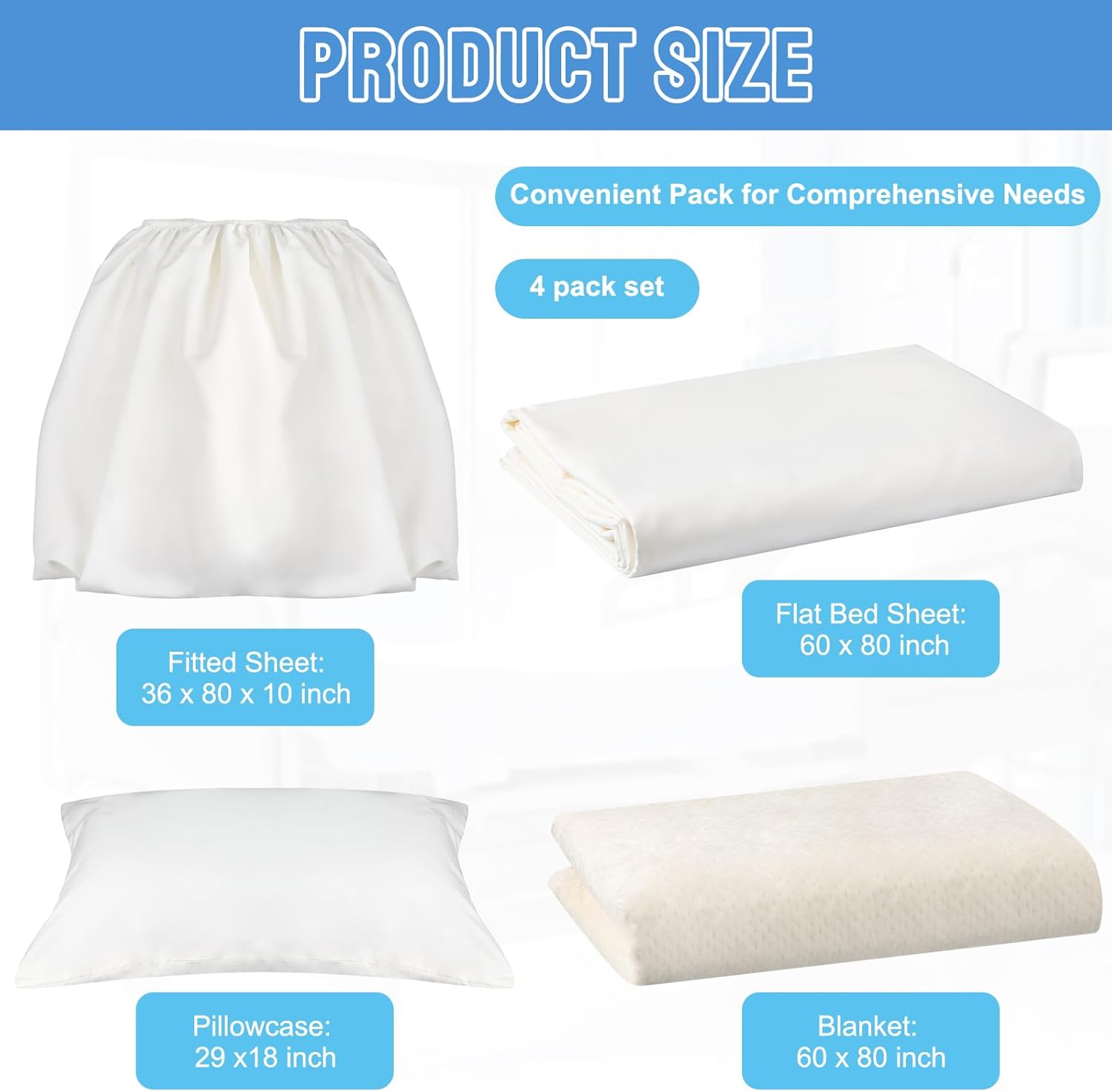 4 Pcs Hospital Bed Sheets Set, Soft Knitted Standard Sheets Quality, Include Fitted Coverlet, Quilt Cover, Pillow Case and Blanket (White)
