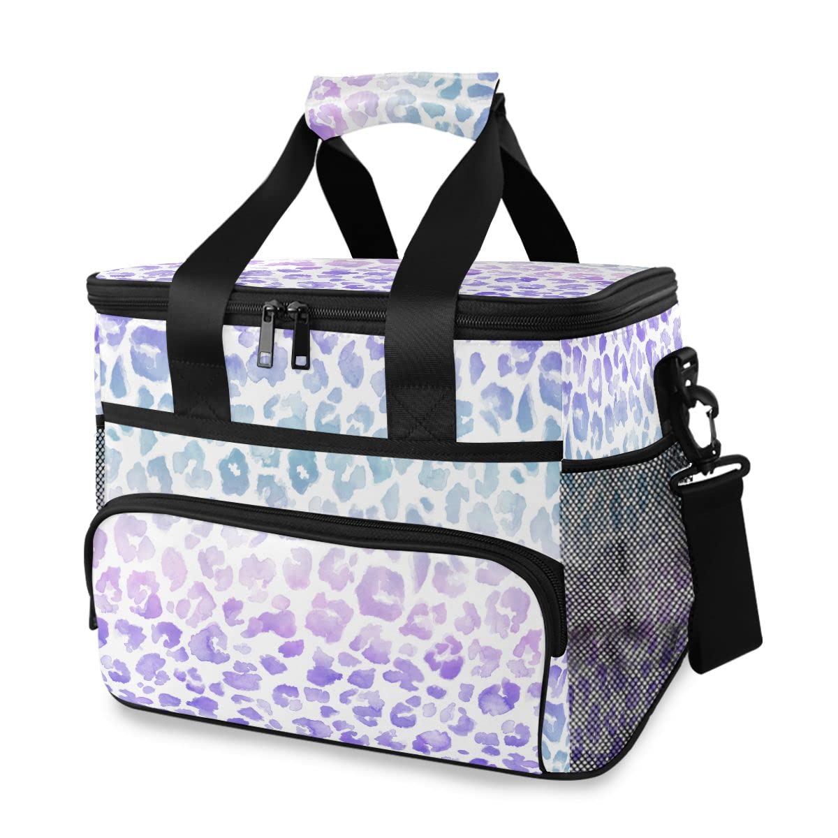 Bolsa de picnic de 15 L, 24 latas, bolsa de almuerzo aislada con teñido anudado morado leopardo para viajes, camping, barbacoa, actividades al aire libre, asas, correa para el hombro