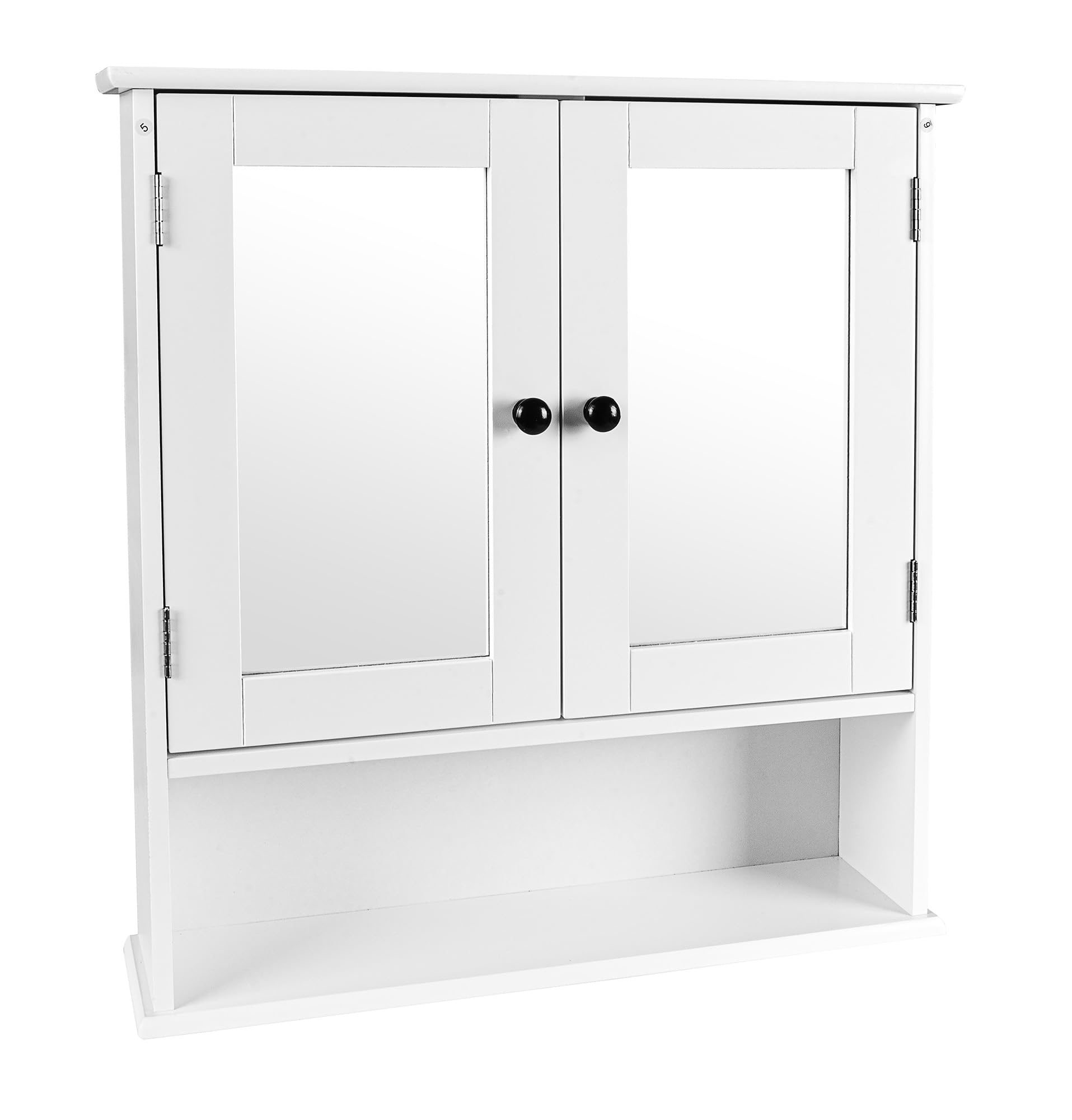 Leomark Biała uniwersalna szafka wisząca z lustrem i drzwiczkami 55,5 x 12,5 x 58 cm zamykana szafka ścienna kompaktowa łazienkowa Meghan