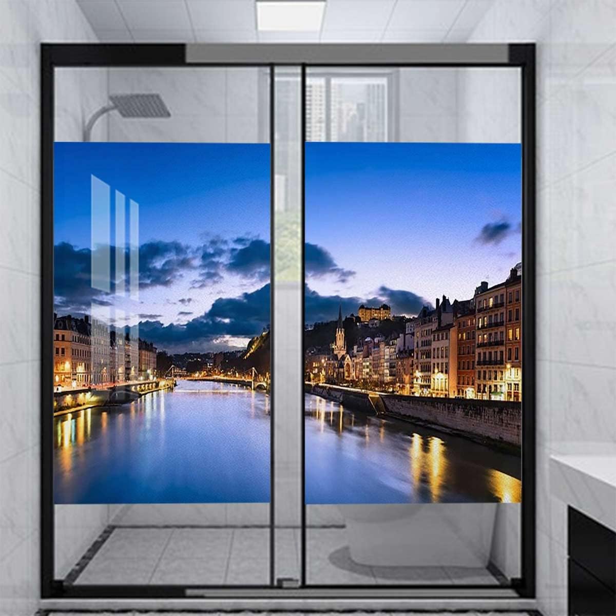 Blue Blush Window Privacy Film, Decorative Window Clings, Heat Control Window Decals, Vinyl Glass Tint, Window Stickers, European Building in Dam Pirnt Privacy Film 35.4Wx55.1L-inch x2 Pcs