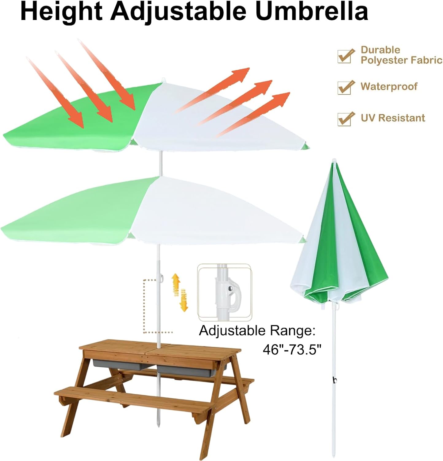 3-in-1 Picnic Table,Sand and Water Table with Height Adjustable Umbrella,Removable Tabletop, Kids Outdoor Tables & Chair Set, Picnic Table for Toddler, Patio, Backyard (Yellow & Green & Blue)