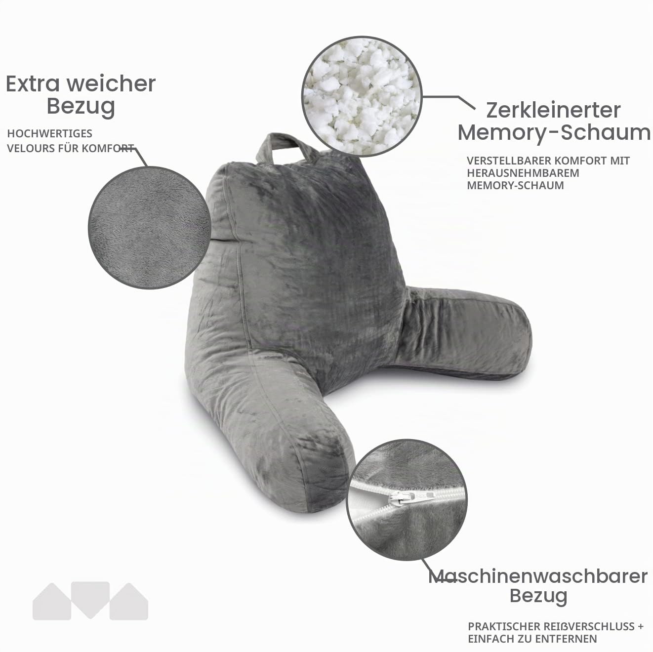 Milliard Rückenkissen, Lesekissen/Stützkissen mit Füllung aus Zerkleinertem Memory Foam- Ideal als Rückenstütze Beim Lesen oder für Videospiele (Standard) (Grau)