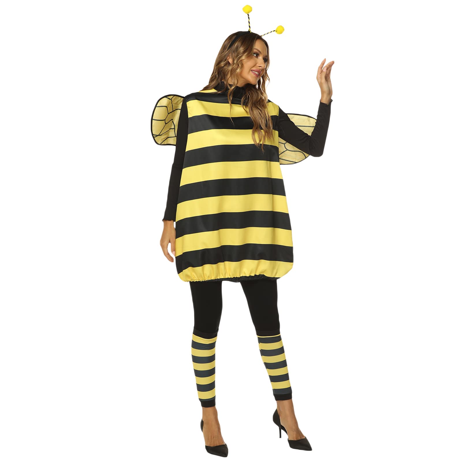 Halloween Bee Cosplay Costume Set for Women Girls Bee Dress with Wings Headband Leg Sleeves for Party Dress Up (Yellow, XL)