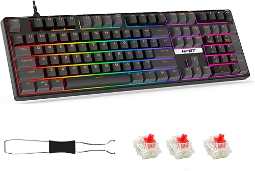 NPET CR108 Teclado mecánico para juegos RGB de 108 teclas con interruptores rojos lineales intercambiables en caliente, 4 teclas rápidas