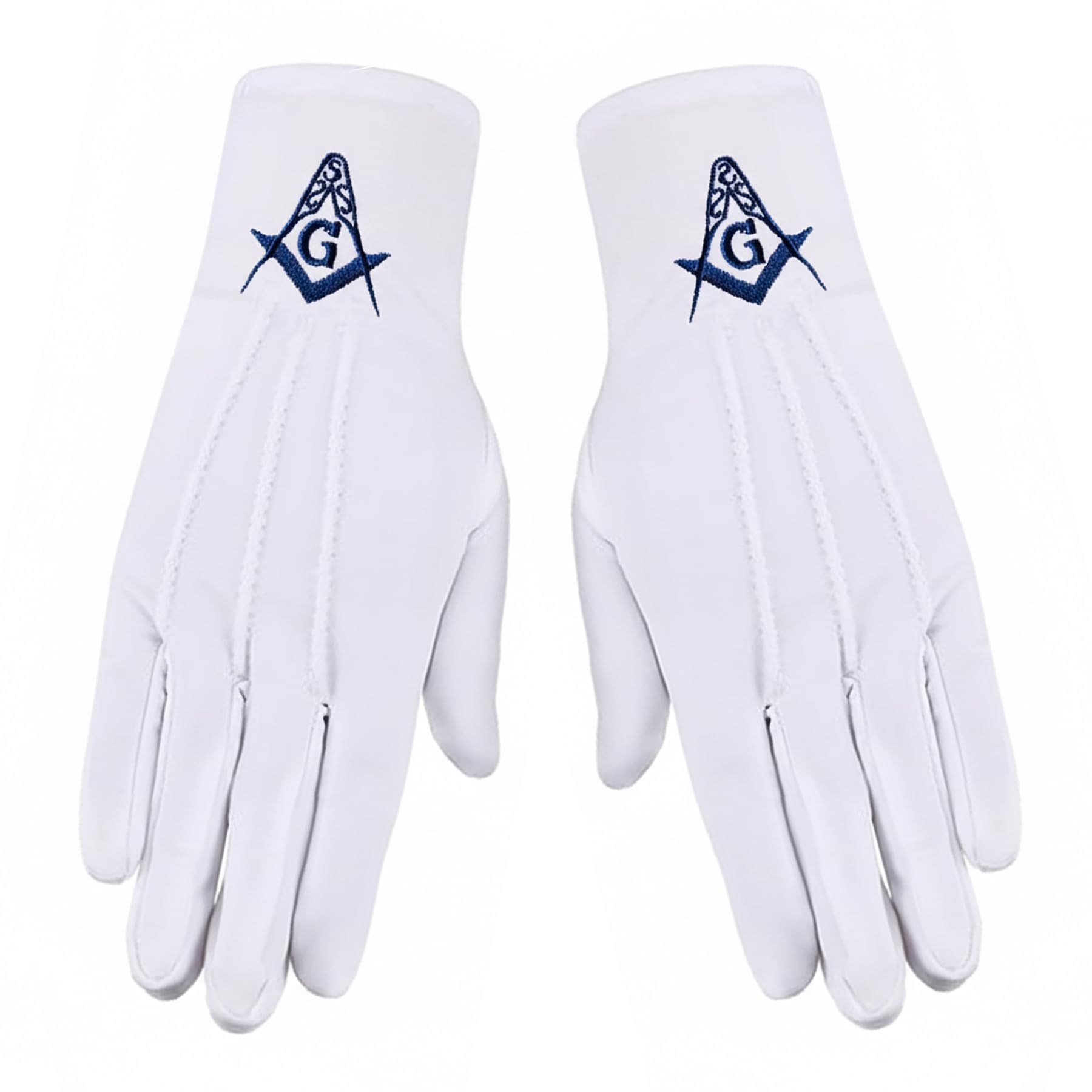 The Masonic Exchange Blue Square & Compass Embroidered Cotton Gloves - [Blue & White], White, One size