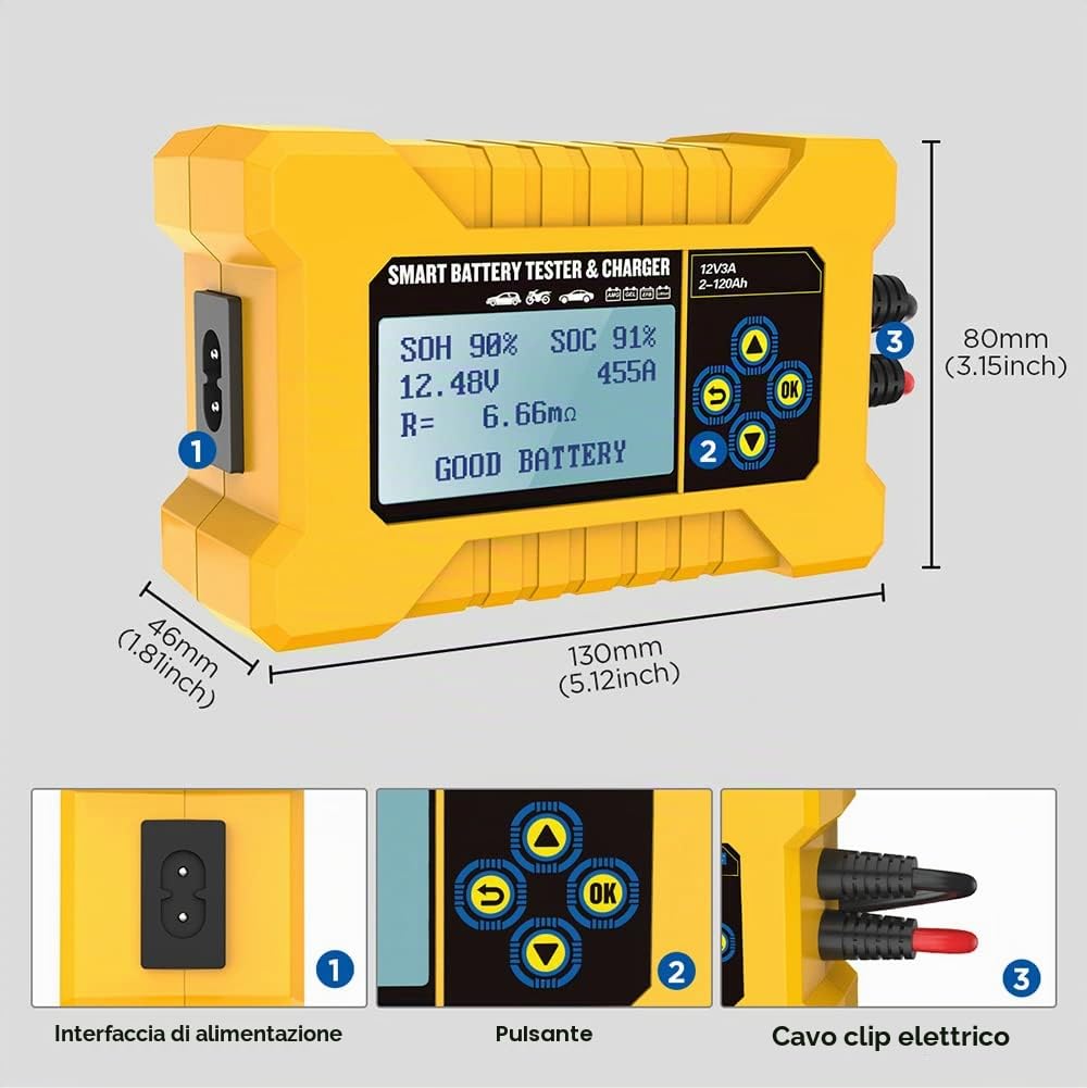 Tester di batteria intelligente per auto e caricabatterie per auto, analizzatore di tester di batteria automobilistica, CCA2400 di banca di alimentazione per auto per veicoli 12V