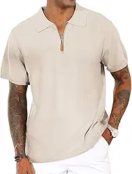 Camisas polo masculinas casuais com zíper, modelagem regular, manga curta, camisetas de golfe elásticas