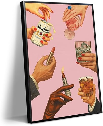 abrtolpffo Lienzo decorativo de pared rosa a la moda, póster estético de lápiz labial retro, impresión de carrito de bar de animaciones de moda,