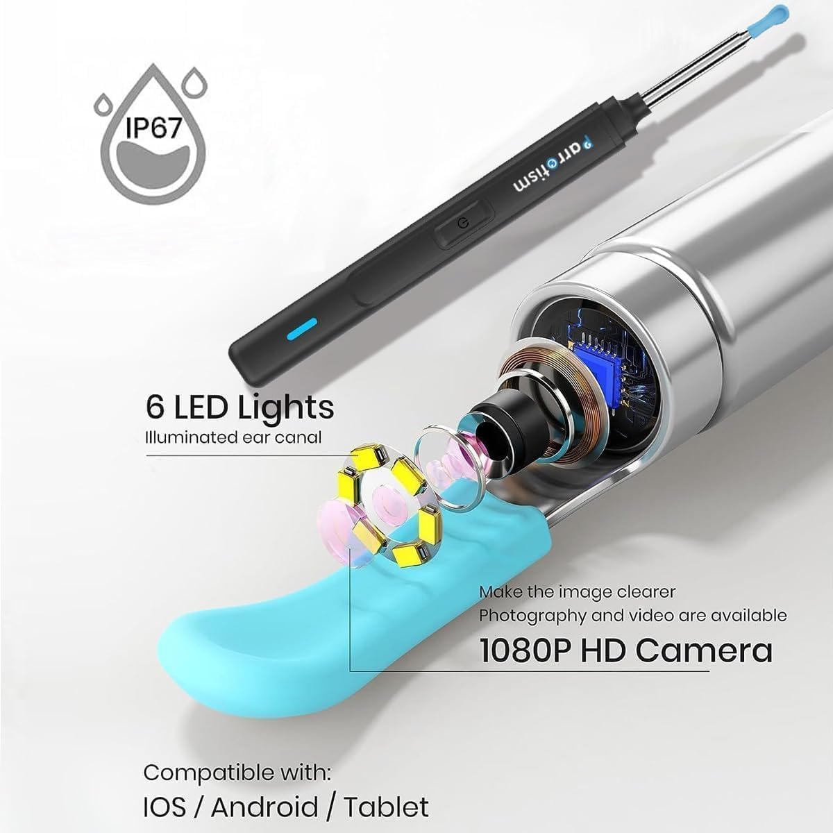 Flohsen Otoscopio Digitale per Uso Domestico, Endoscopio Orecchio 2K HD con WiFi, Telecamera per Pulizia Orecchie, Aspiratore Cerume, 6 LED per iPhone/Android – Strumento per Cura Personale
