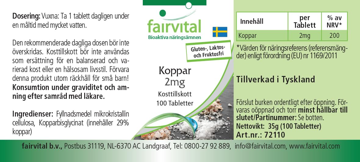 fairvital Compresse di rame 2 mg, ALTO DOSAGGIO, integratore alimentare a base di bisglicinato di rame, vegano, 100 compresse, facili da deglutire
