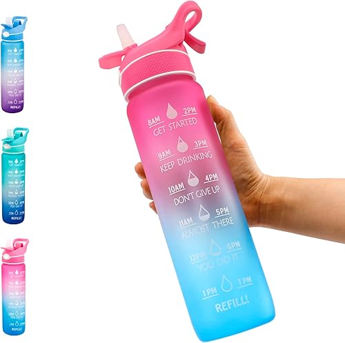 Botella de agua deportiva 2 en 1 con spray de enfriamiento y popote para calmar y enfriar rápidamente, hidratación sobre la marcha y regulación de