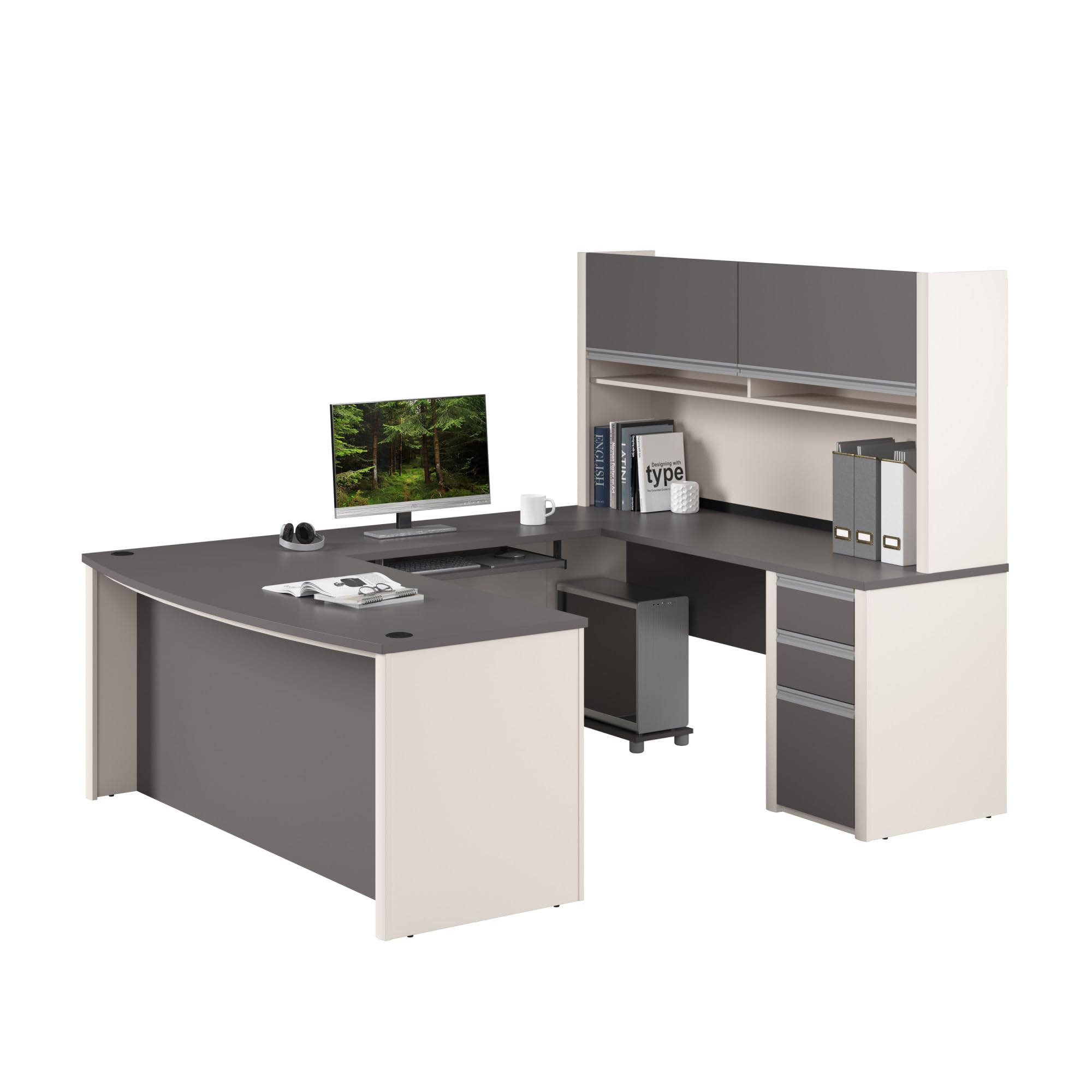 Bestar Connexion U-Shaped Workstation with Three Drawers, 72W, Slate/Sandstone