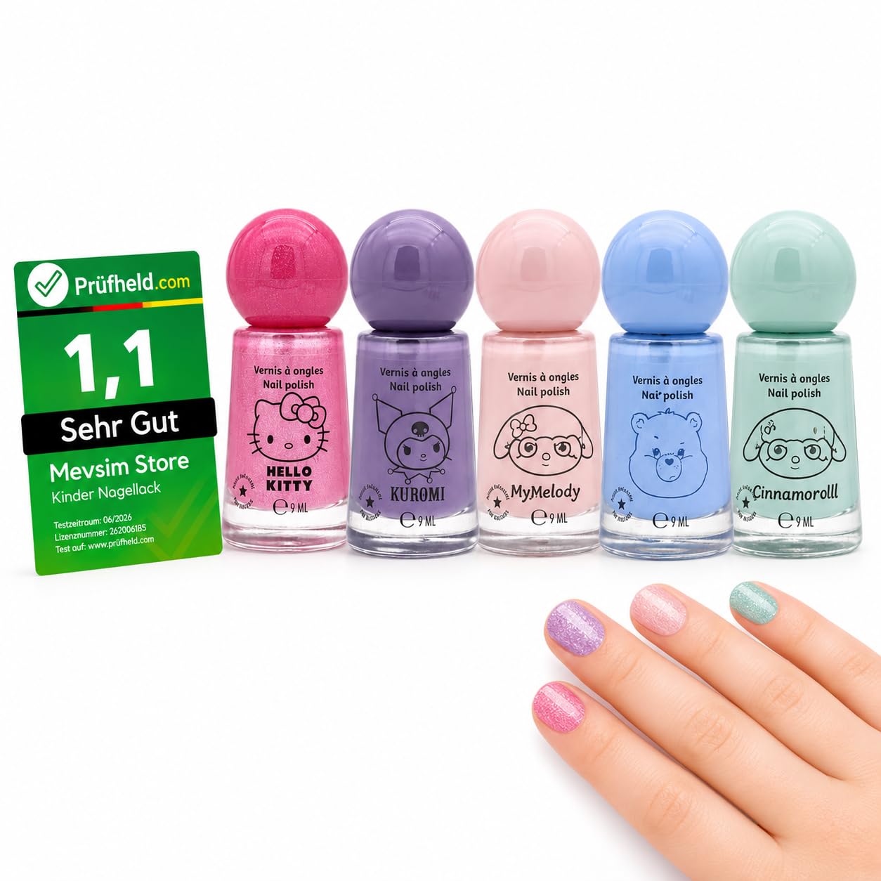 Hello Kitty, Melody, Kuromi, Cinnamoroll & Bisounours Lot de 5 vernis à ongles à paillettes végétaliens pour adultes – Séchage rapide, durable et testé dermatologiquement