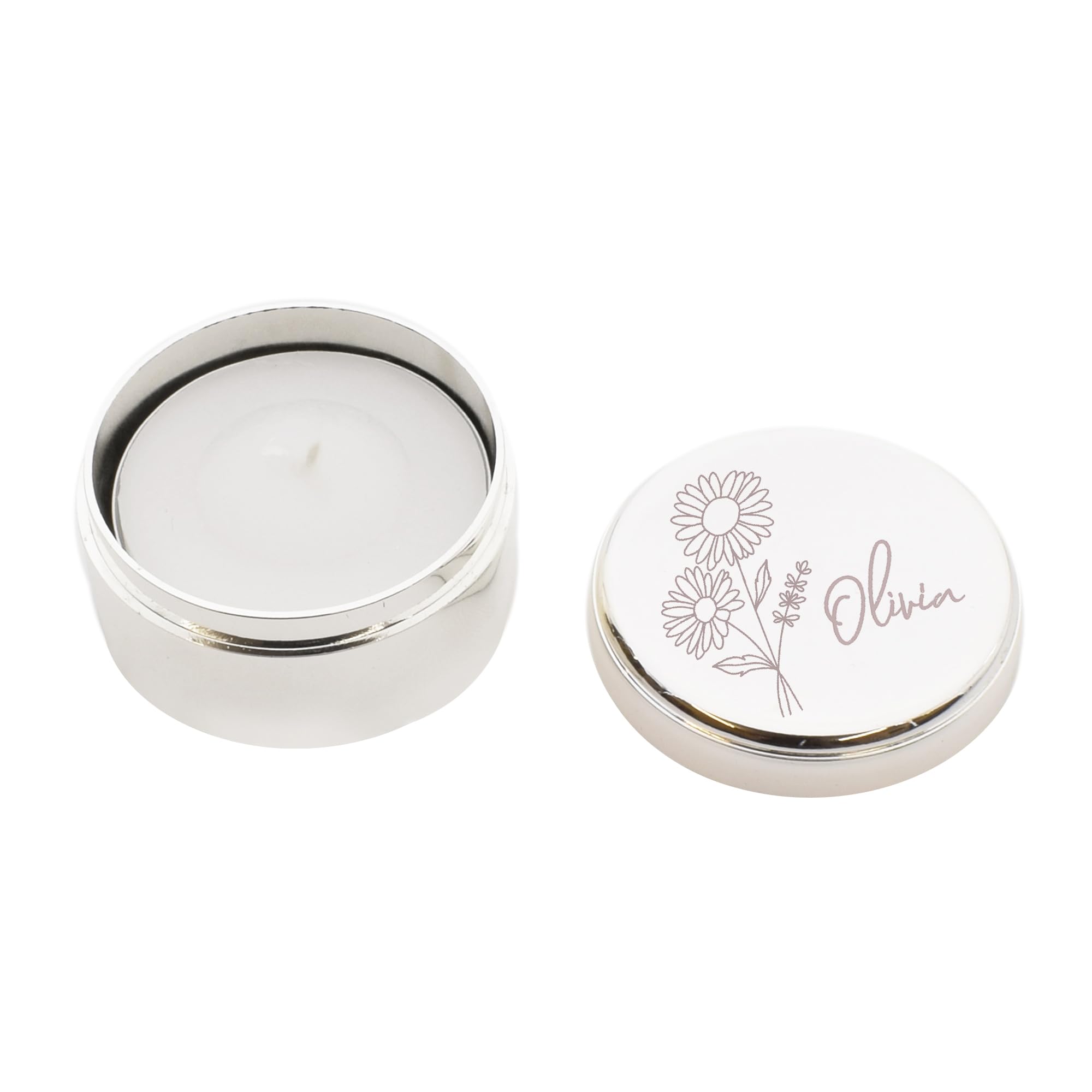 Beautifully Personalised With Name & April Birthday Daisy Flower Design Round Metal Candle Holder with Tea light