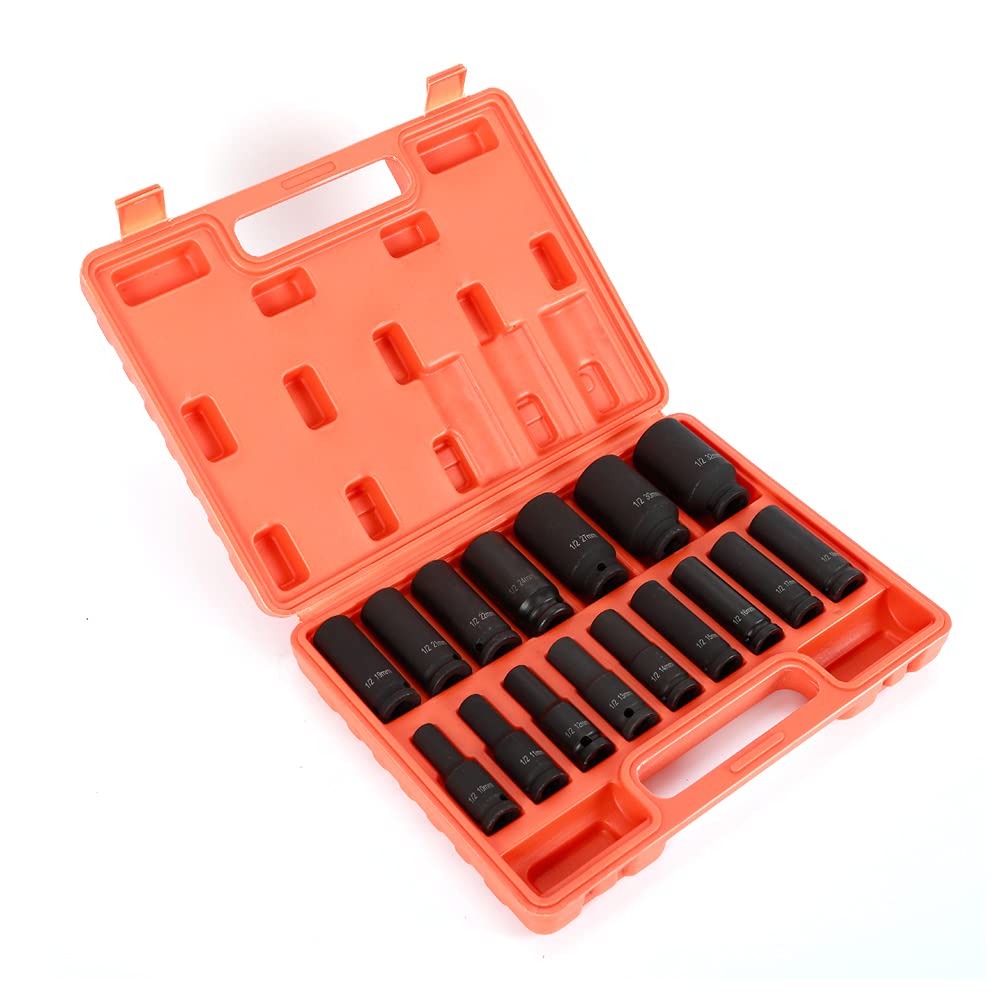 Set di 16 dadi a percussione 1/2", 10-32 mm, acciaio al cromo vanadio per avvitatore a percussione, dadi esagonali robusti con rivestimento fosfato