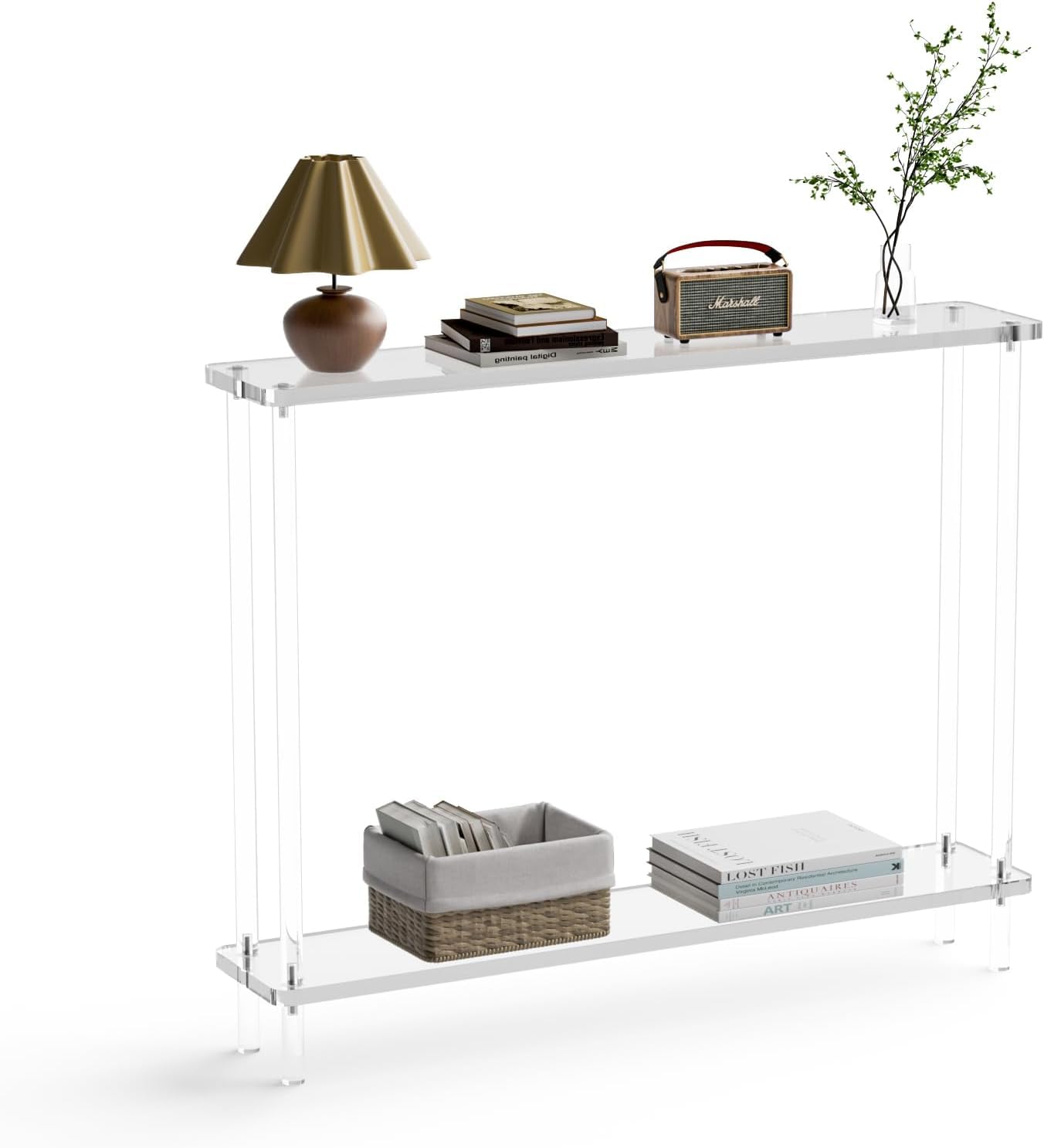 Narrow Acrylic Console Table, Small Entryway Table, Thin Sofa Side Table, Hallway & Bedroom Console, Modern 2-Tier Clear Lucite Design (7.6" D x 39.4" W x 29.9" H), Skinny Behind Couch Table