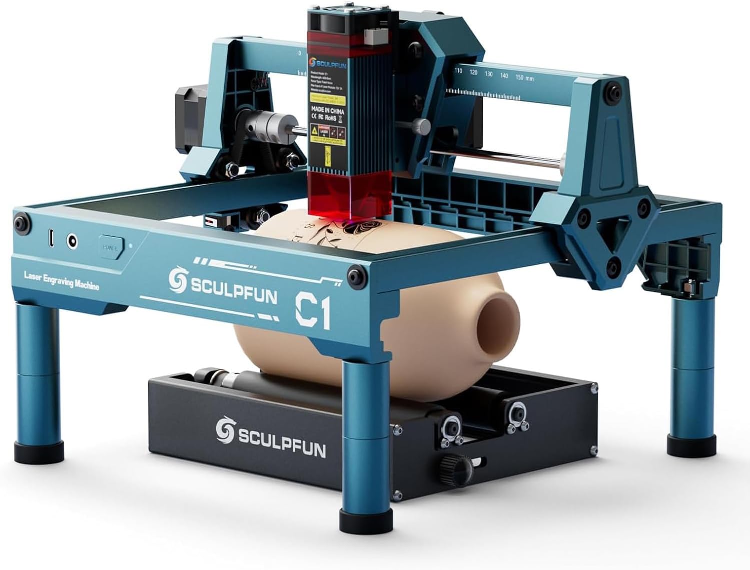 SCULPFUN C1 Mini Laser Engraver with SCULPFUN RA Mini Rotary Roller, 3W Portable Engraving Machine, 0.04mm Ultra-Fine Spot, 150x130mm Engraving Area, Works on Wood, Leather, Paper, Slate