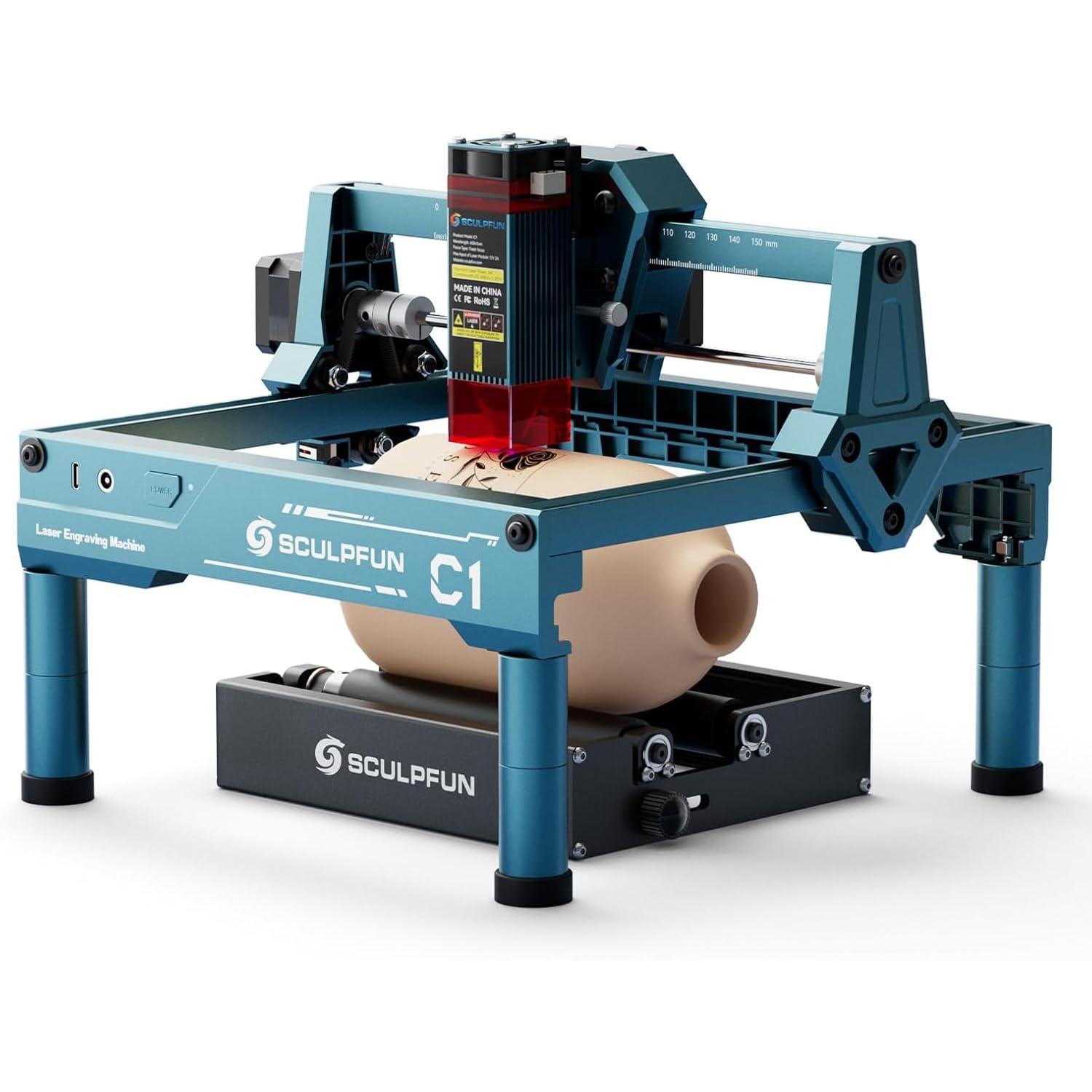 SCULPFUN C1 Mini grawerunek laserowy z mini wałkiem obrotowym RA, przenośna maszyna do grawerowania 3 W, bardzo cienka kropka 0,04 mm, obszar grawerowania 150 x 130 mm, działa na drewnie, skórze
